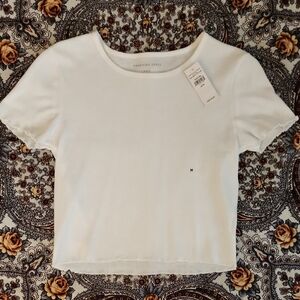 American Eagle Outfitters White Waffle Knit & Lettuce Edge Crop Top — Size M